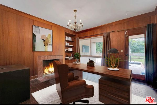 Chandelier, Fireplace, Home Office, Interior, Wood Texture Flooring, Wooden Walls