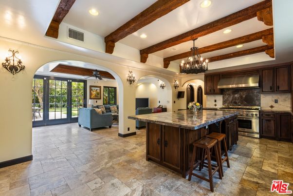 Chandelier, Interior, Kitchen, Living room, Recessed Lighting, Stainless Steel Appliances, Wooden Beams
