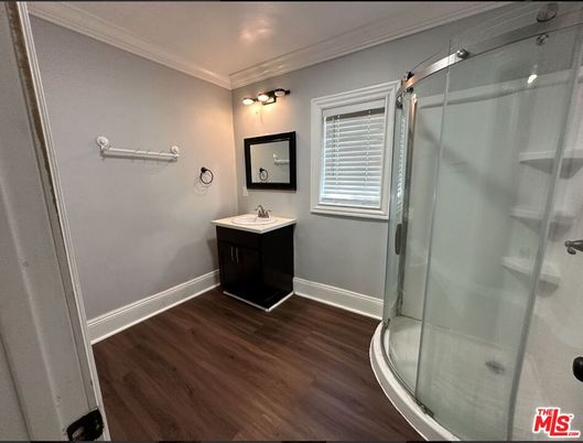 Bathroom, Glass Shower, Interior, Wood Texture Flooring