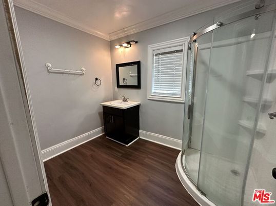 Bathroom, Glass Shower, Interior, Wood Texture Flooring
