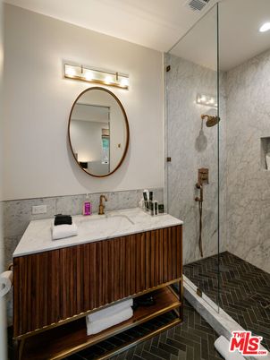 Bathroom, Glass Shower, Interior, Marble Walls, Recessed Lighting