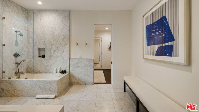 Bathroom, Glass Shower, Interior, Marble, Marble Walls, Recessed Lighting