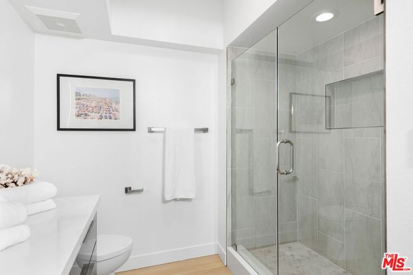Bathroom, Glass Shower, Interior, Recessed Lighting, Wood Texture Flooring