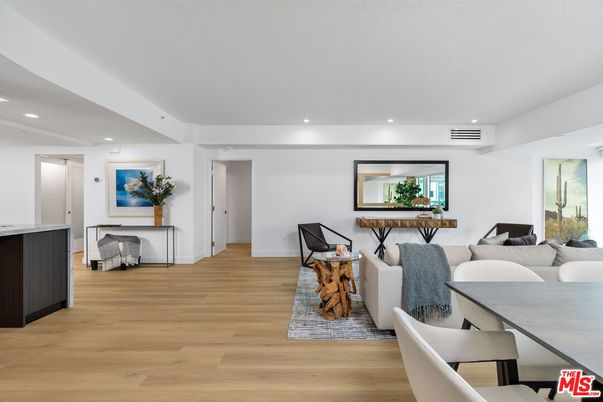 Dining room, Interior, Living room, Recessed Lighting, Wood Texture Flooring
