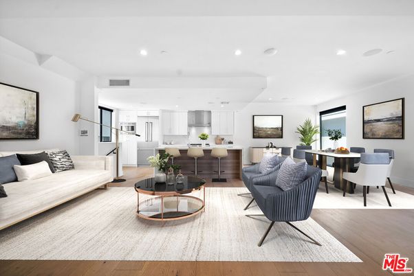 Dining room, Interior, Kitchen, Living room, Recessed Lighting, Stainless Steel Appliances, Wood Texture Flooring