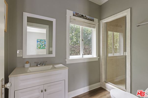 Bathroom, Glass Shower, Interior, Wood Texture Flooring