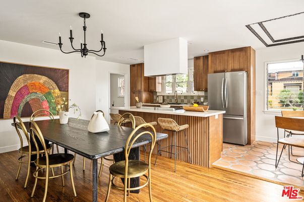 Chandelier, Dining room, Interior, Kitchen, Recessed Lighting, Stainless Steel Appliances, Wood Texture Flooring