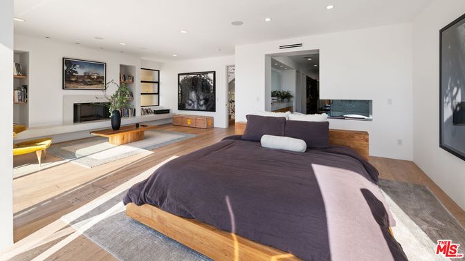 Bedroom, Fireplace, Interior, Recessed Lighting, Wood Texture Flooring
