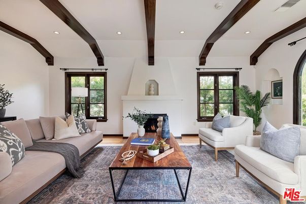 Fireplace, Interior, Living room, Recessed Lighting, Wooden Beams, Wood Texture Flooring