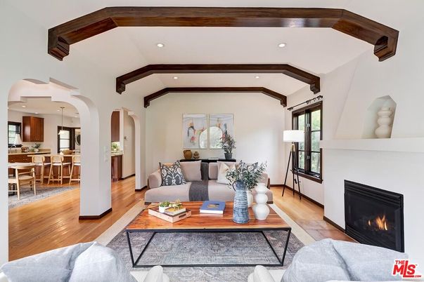 Dining room, Fireplace, Interior, Kitchen, Living room, Pendant Lights, Recessed Lighting, Wood Texture Flooring