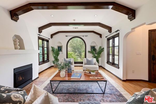 Fireplace, Interior, Living room, Recessed Lighting, Wooden Beams, Wood Texture Flooring