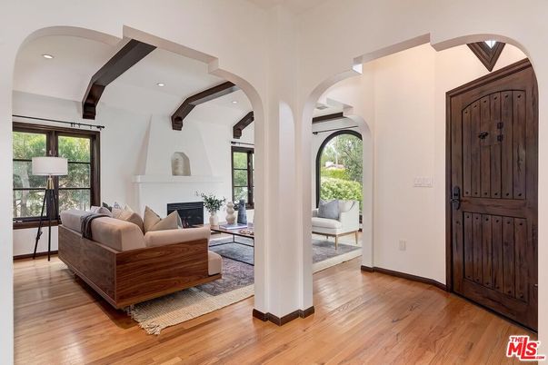 Fireplace, Interior, Living room, Recessed Lighting, Wooden Beams, Wood Texture Flooring