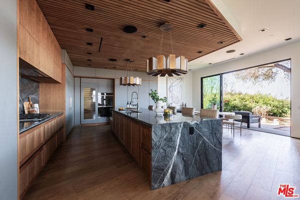 Interior, Kitchen, Pendant Lights, Recessed Lighting, Stainless Steel Appliances, Wooden Ceilings, Wood Texture Flooring