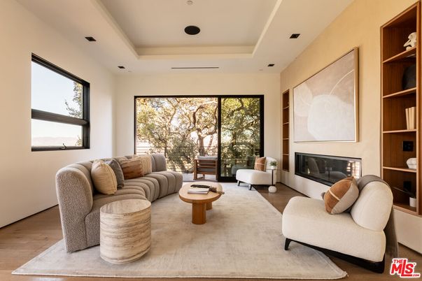 Fireplace, Interior, Living room, Recessed Lighting, Wood Texture Flooring