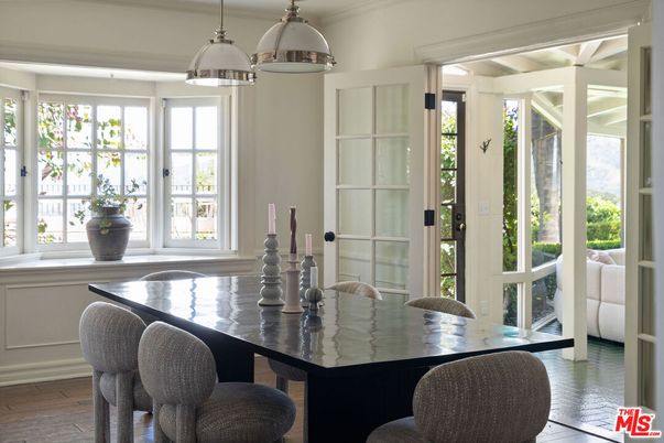 Dining room, Interior, Pendant Lights, Wood Texture Flooring