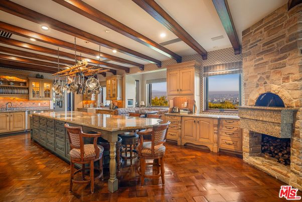 Chandelier, Fireplace, Interior, Kitchen, Recessed Lighting, Stone Walls, Wooden Beams, Wood Texture Flooring