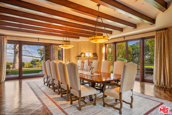 Dining room, Interior, Pendant Lights, Wooden Beams, Wood Texture Flooring