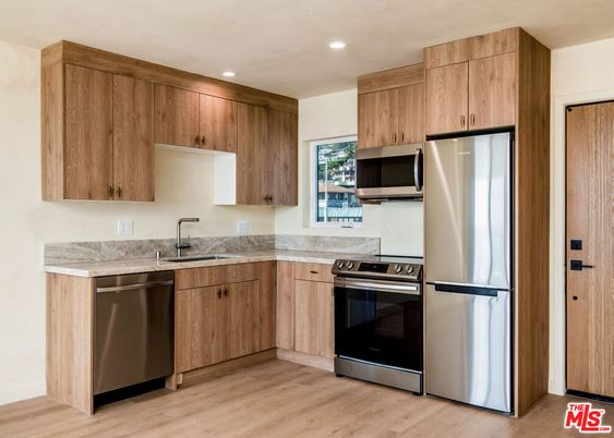 Interior, Kitchen, Recessed Lighting, Stainless Steel Appliances, Wood Texture Flooring