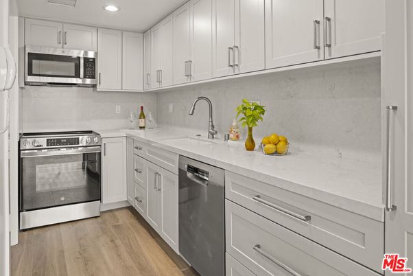 Interior, Kitchen, Recessed Lighting, Stainless Steel Appliances, Wood Texture Flooring