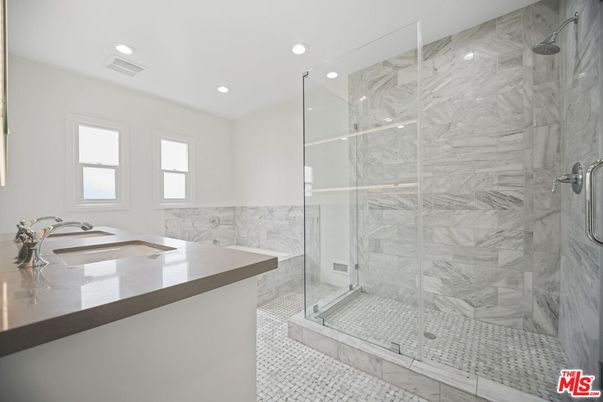 Bathroom, Glass Shower, Interior, Marble Walls, Recessed Lighting