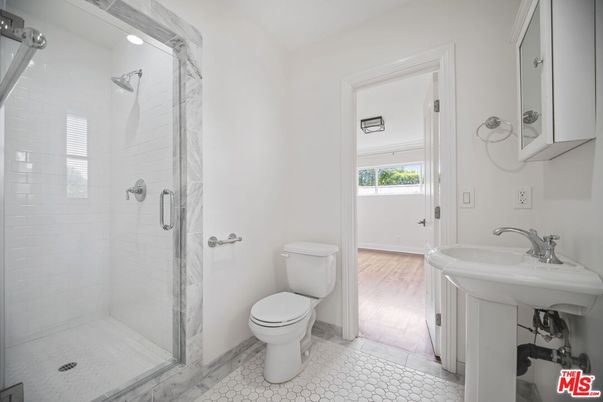 Bathroom, Glass Shower, Interior, Recessed Lighting, Wood Texture Flooring