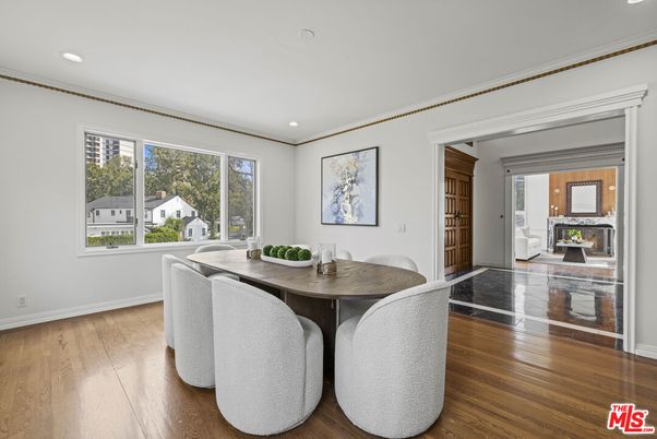 Dining room, Fireplace, Interior, Recessed Lighting, Wood Texture Flooring