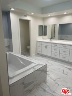 Bathroom, Dual Sink Vanities, Interior, Marble, Recessed Lighting
