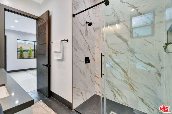 Bathroom, Glass Shower, Interior, Marble Walls, Recessed Lighting