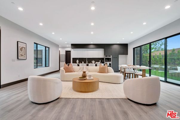Dining room, Interior, Living room, Recessed Lighting, Wood Texture Flooring