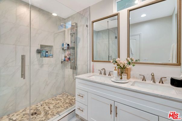 Bathroom, Dual Sink Vanities, Glass Shower, Interior, Marble Walls, Recessed Lighting