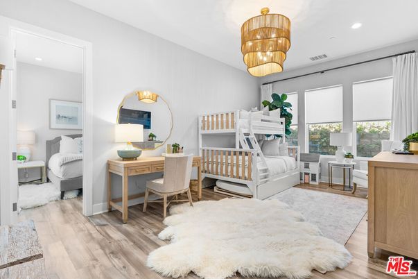 Bedroom, Chandelier, Home Office, Interior, Recessed Lighting, Wood Texture Flooring