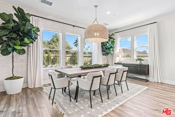 Dining room, Interior, Pendant Lights, Recessed Lighting, Wood Texture Flooring