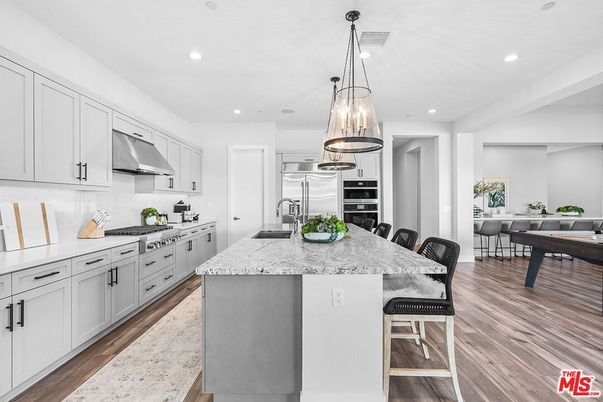 Interior, Kitchen, Pendant Lights, Recessed Lighting, Stainless Steel Appliances, Wood Texture Flooring