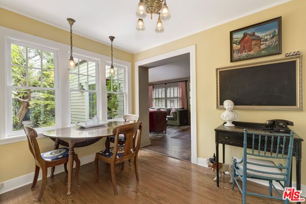 Dining room, Interior, Pendant Lights, Wood Texture Flooring