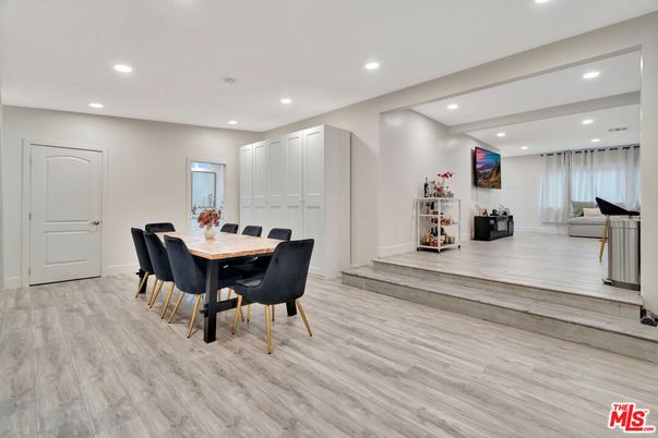 Dining room, Interior, Recessed Lighting, Wood Texture Flooring