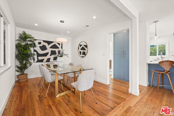 Dining room, Interior, Pendant Lights, Recessed Lighting, Wood Texture Flooring