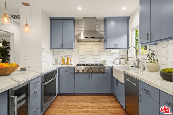 Interior, Kitchen, Pendant Lights, Recessed Lighting, Stainless Steel Appliances, Wood Texture Flooring