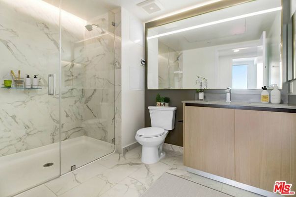Bathroom, Glass Shower, Interior, Marble, Marble Walls, Recessed Lighting