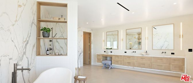 Bathroom, Dual Sink Vanities, Free Standing Baths, Interior, Marble Walls, Recessed Lighting