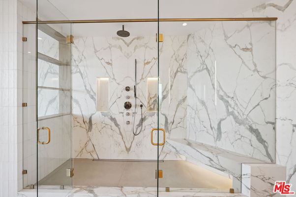 Bathroom, Glass Shower, Interior, Marble Walls, Recessed Lighting
