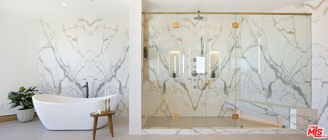 Bathroom, Free Standing Baths, Glass Shower, Interior, Marble Walls, Recessed Lighting