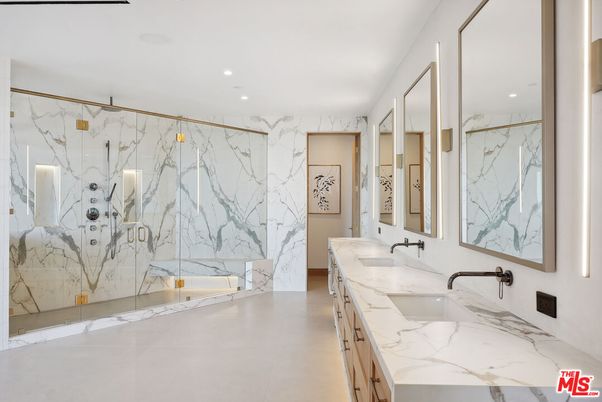Bathroom, Dual Sink Vanities, Glass Shower, Interior, Marble Walls, Recessed Lighting