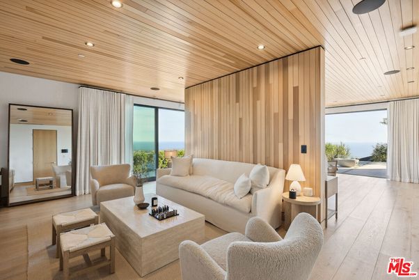 Interior, Living room, Recessed Lighting, Water, Wooden Ceilings, Wood Texture Flooring, Wooden Walls