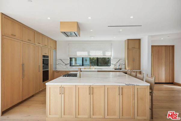 Interior, Kitchen, Marble Walls, Recessed Lighting, Wood Texture Flooring