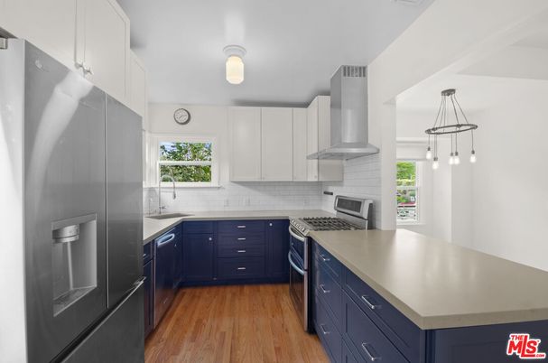 Interior, Kitchen, Pendant Lights, Stainless Steel Appliances, Wood Texture Flooring
