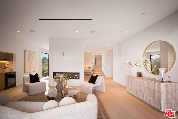 Fireplace, Interior, Living room, Recessed Lighting, Wood Texture Flooring