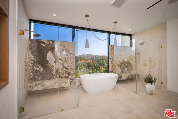 Bathroom, Free Standing Baths, Glass Shower, Interior, Marble Walls, Pendant Lights, Recessed Lighting