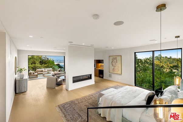 Bedroom, Fireplace, Interior, Living room, Pendant Lights, Recessed Lighting, Wood Texture Flooring