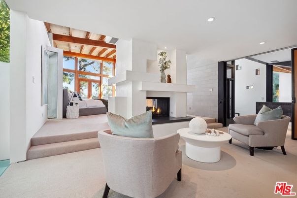Fireplace, Interior, Living room, Recessed Lighting, Stone Walls