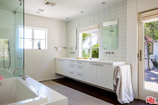 Bathroom, Dual Sink Vanities, Glass Shower, Interior, Recessed Lighting, Wood Texture Flooring